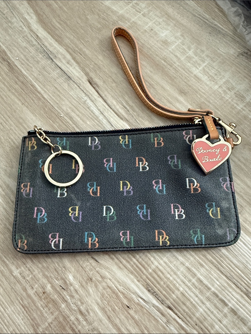 Dooney & Bourke Black Multicolor DB Logo Wristlet with Heart Charm